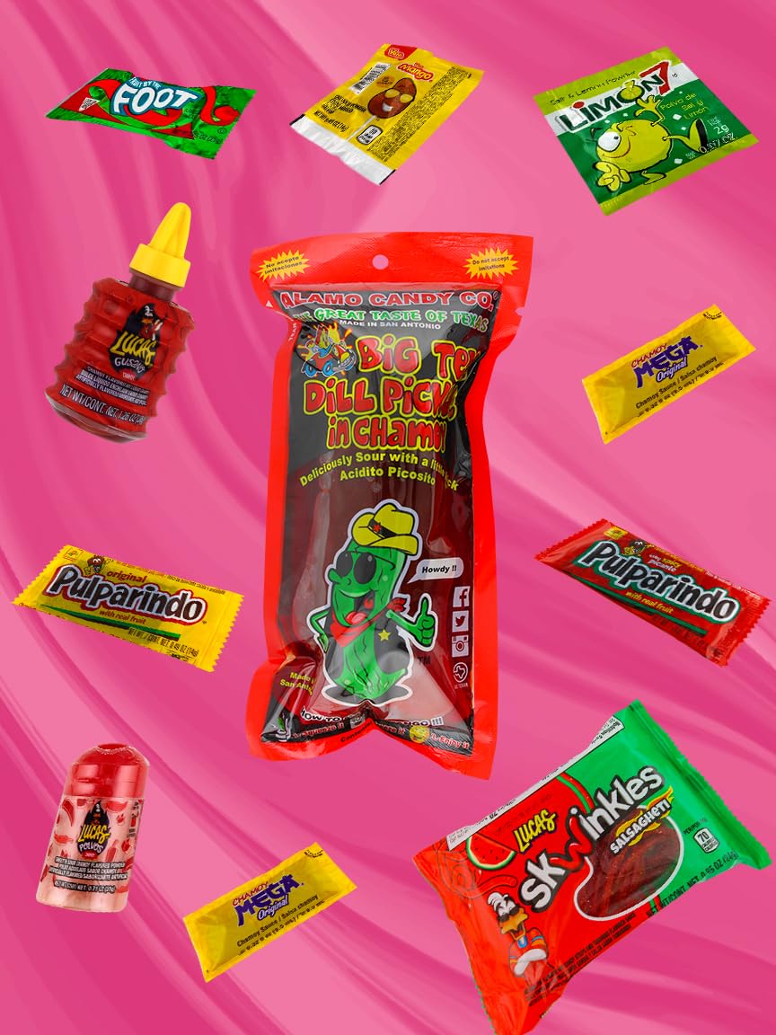 Chamoy Pickle Kit, Mexican Candy Mix Ready to make the Famous TikTok Trend, Includes Original Alamo Dill Pickle, Baby Lucas, Lucas Gusano, Skwinkles Salsaghetti & Other Mexican Candy by LookOn