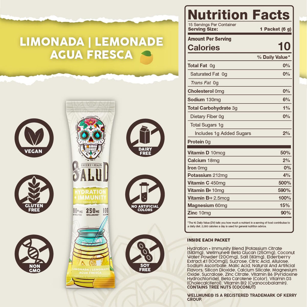 Salud x Jarritos 2-in-1 Hydration Packets + Immunity Electrolytes Powder, Guava - Agua Fresca Drink Mix, Elderberry, Dairy & Soy Free, Non-GMO, Gluten Free, Vegan, 1g Sugar (15 Servings)