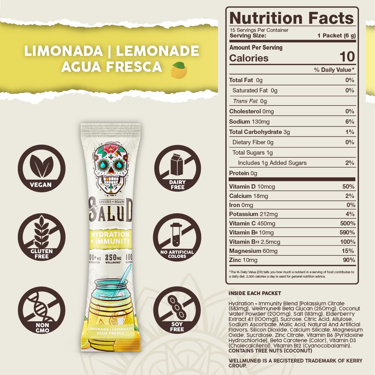 Salud x Jarritos 2-in-1 Hydration Packets + Immunity Electrolytes Powder, Guava - Agua Fresca Drink Mix, Elderberry, Dairy & Soy Free, Non-GMO, Gluten Free, Vegan, 1g Sugar (15 Servings)
