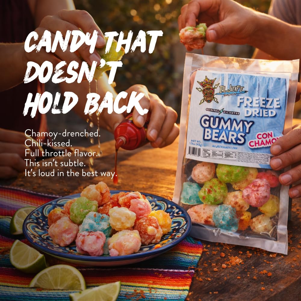 El Jefe Snacks Freeze-Dried Gummy Bears with Chamoy – Crunchy Freeze-Dried Candy with Sweet Fruit Flavor & Tangy Chamoy – Light, Airy Candy Snack, 1.5oz