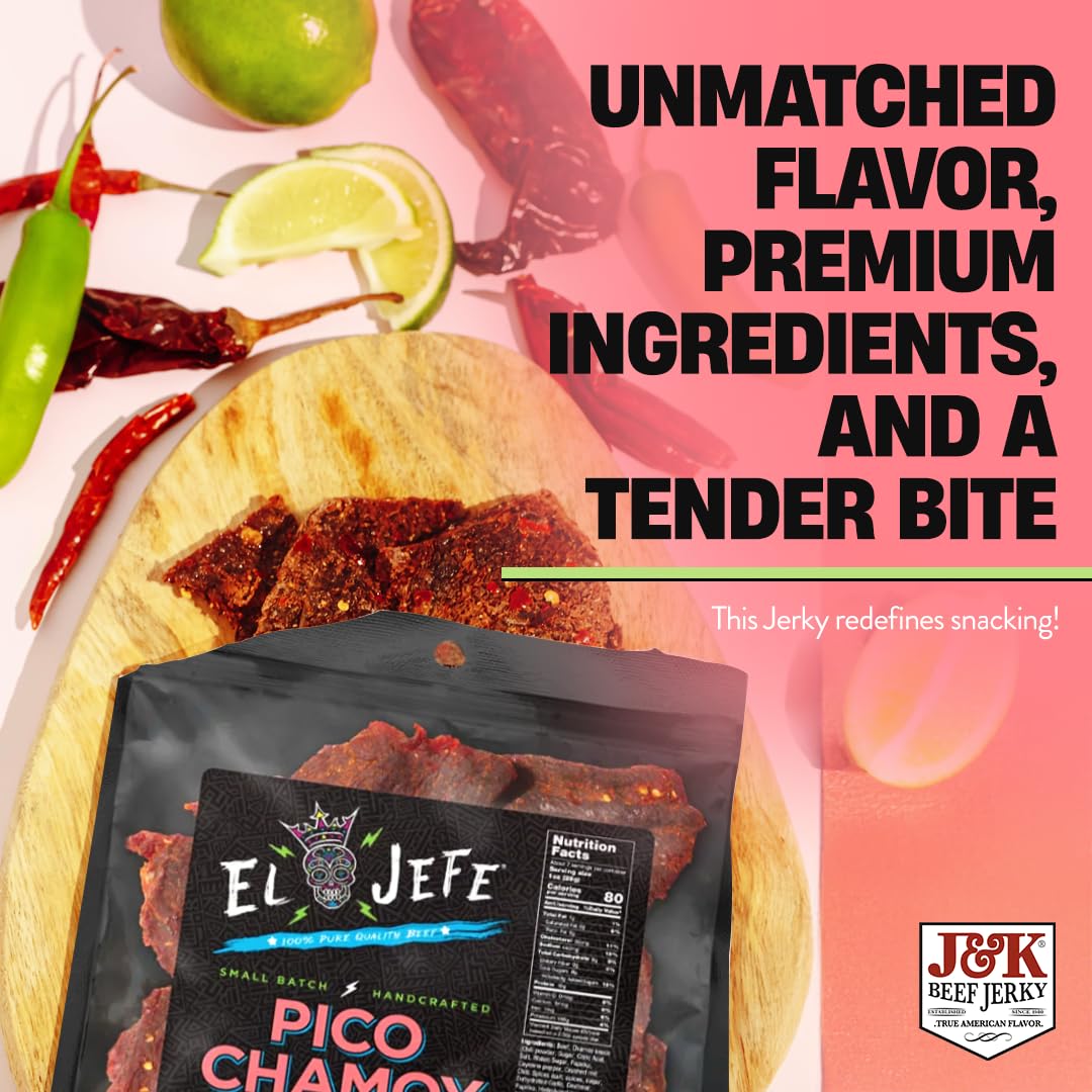 El Jefe Pico Chamoy Beef Jerky - Hand Crafted Small Batch Mexican Style Hispanic Slab Jerky - Bold & Authentic Flavor for Snacking and Entertaining! - 7oz