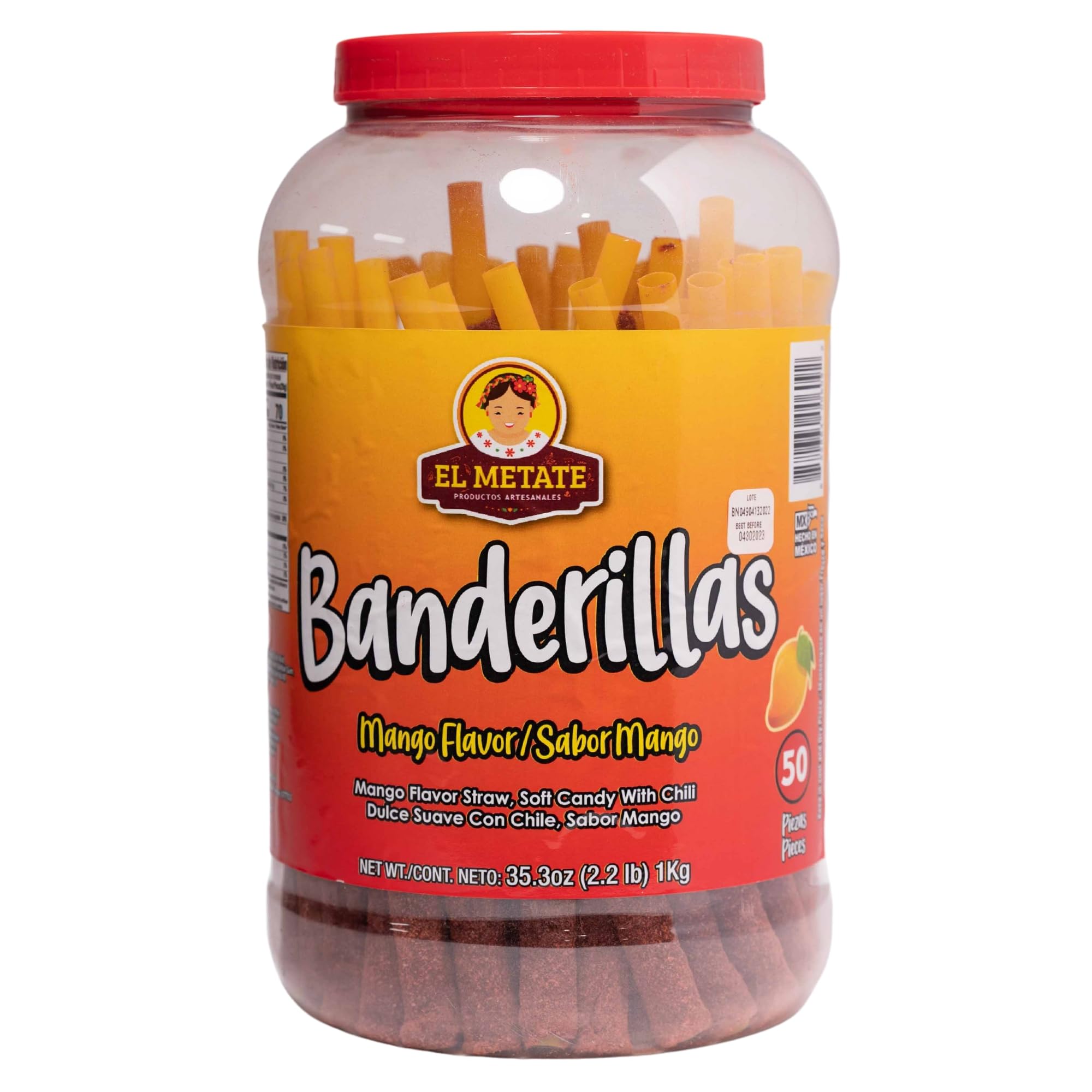 Banderilla El Metate Tamarindo/Tamarind Candy Sticks - No Wrapper - 50 Mexican Spicy Candy Sticks with Biodegradable Straws