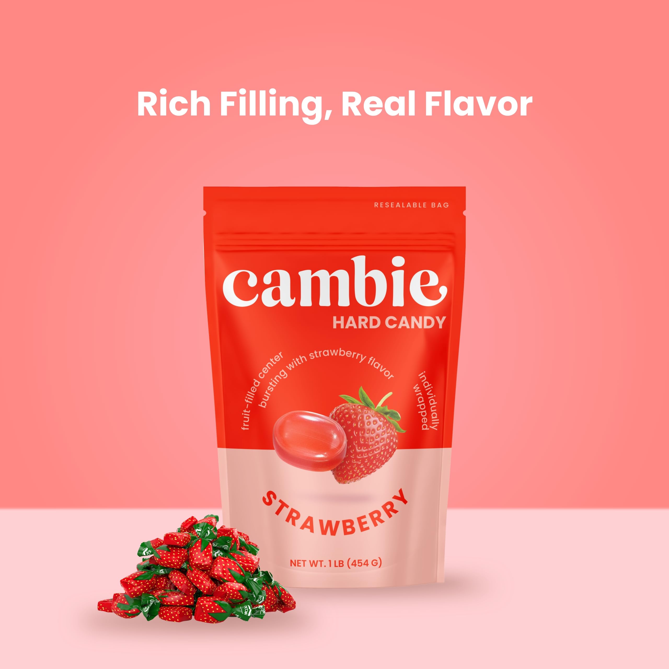 Strawberry Hard Candy Individually Wrapped by Cambie, 2 lbs of Strawberry Candy with a Deliciously Sweet Hard Exterior with a Soft, Fruit-Filled Center