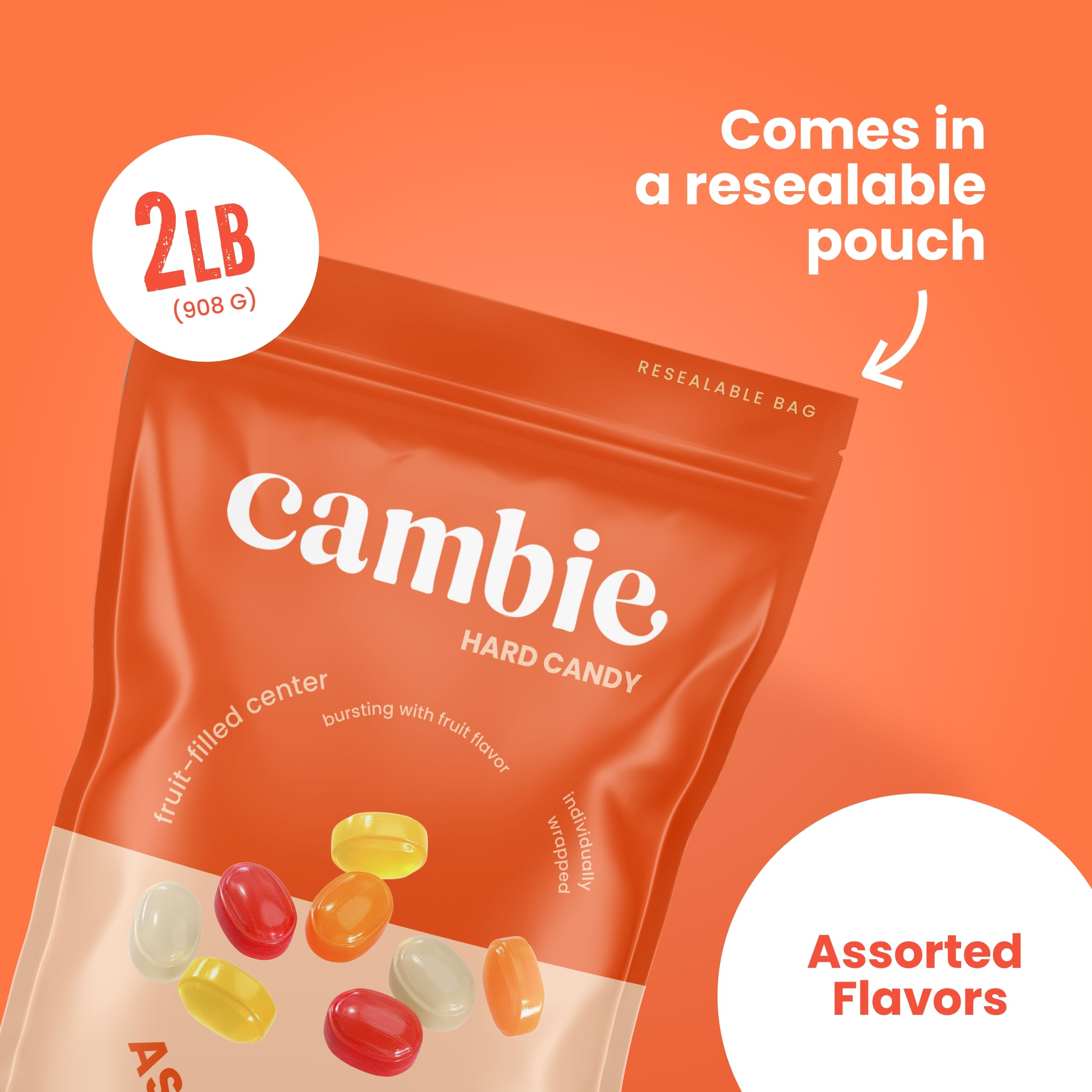 Strawberry Hard Candy Individually Wrapped by Cambie, 2 lbs of Strawberry Candy with a Deliciously Sweet Hard Exterior with a Soft, Fruit-Filled Center