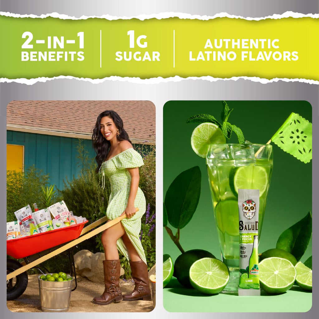 Salud x Jarritos 2-in-1 Energy Drink Powder + Focus, Lime, Organic Caffeine, B6 + B12, Theanine, Clean Energy Drink Packets, Limon Agua Fresca Mix, Non-GMO, Gluten Free, 1g of Sugar, (15 Servings)