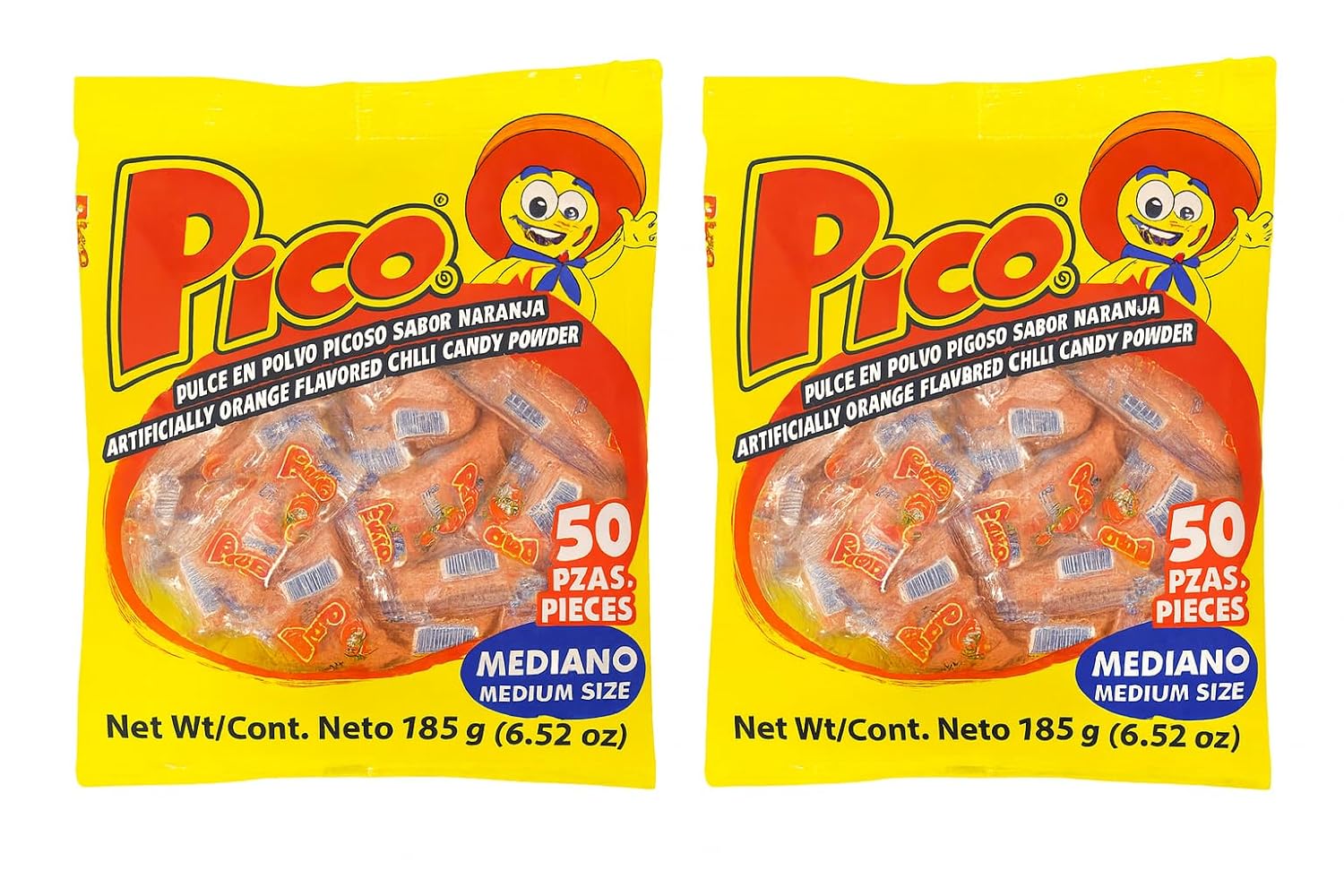 Pico Diana Mediano, Mexican Candy Sour - The Original Orange Flavor Hot Candy Powder - Spicy Sweet Sensation 50-Count-Pack of 2