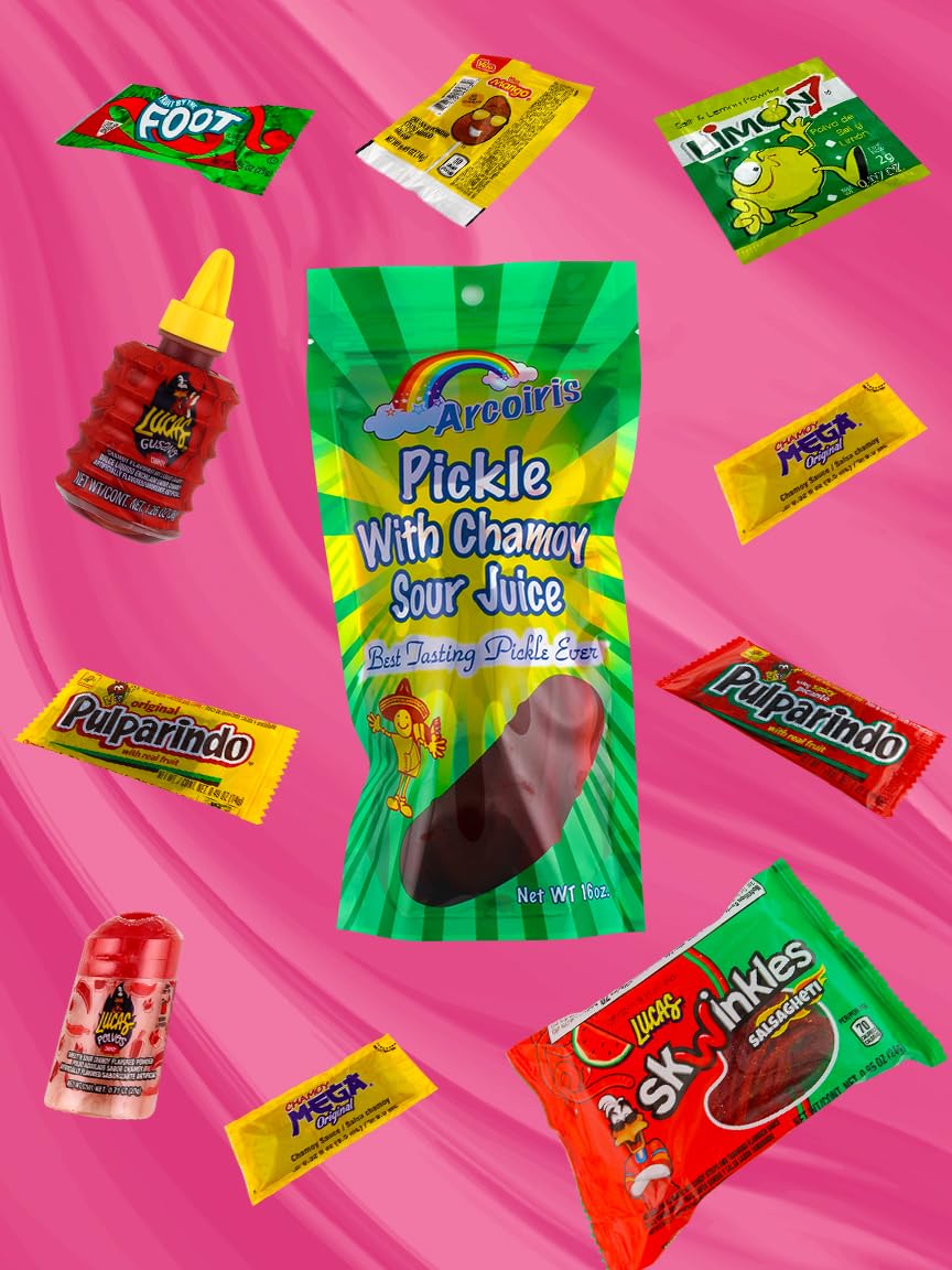 Arcoiris Sour Chamoy Pickle Kit, Ready to make the Famous Viral TikTok Trend, Includes Original Sour Dill Pickle, Baby Lucas, Lucas Gusano, Skwinkles Salsaghetti & and Other Mexican Candy by LookOn