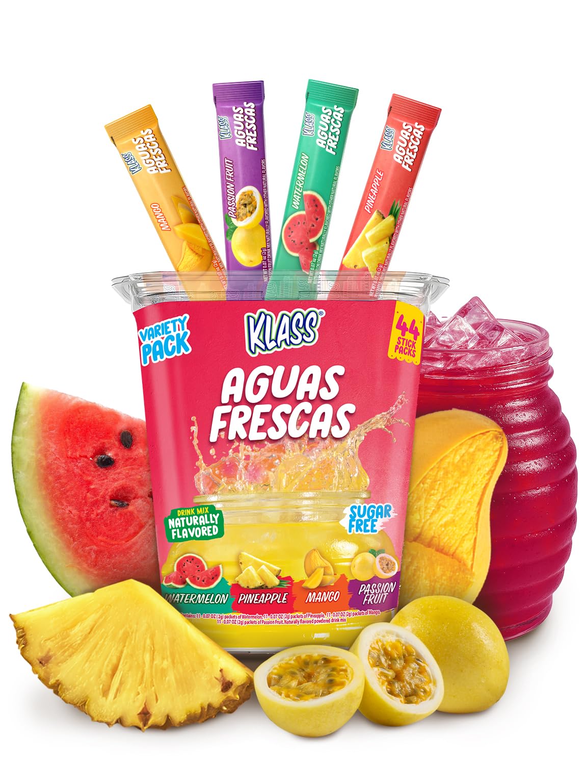 Klass Aguas Frescas, Powdered Drink Mix Variety Pack, 44 Singles Zero Sugar & Caffeine-Free Powder Packets, Water Drink Mix, Flavors: Cucumber Limeade Pineapple Tangerine Strawberry Watermelon & Hibiscus Berries - 5 Calories Per Packet & Natural Flavors