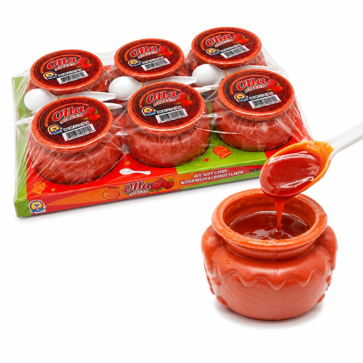 Olla El Azteca Hot Soft Candy Watermelon & Chamoy Flavor, 6 Individual Candy Cups with Spoons, Mexican-Style Sweet Tangy Spicy Candy, 3.1 oz Each, 1 lb 3 oz Total