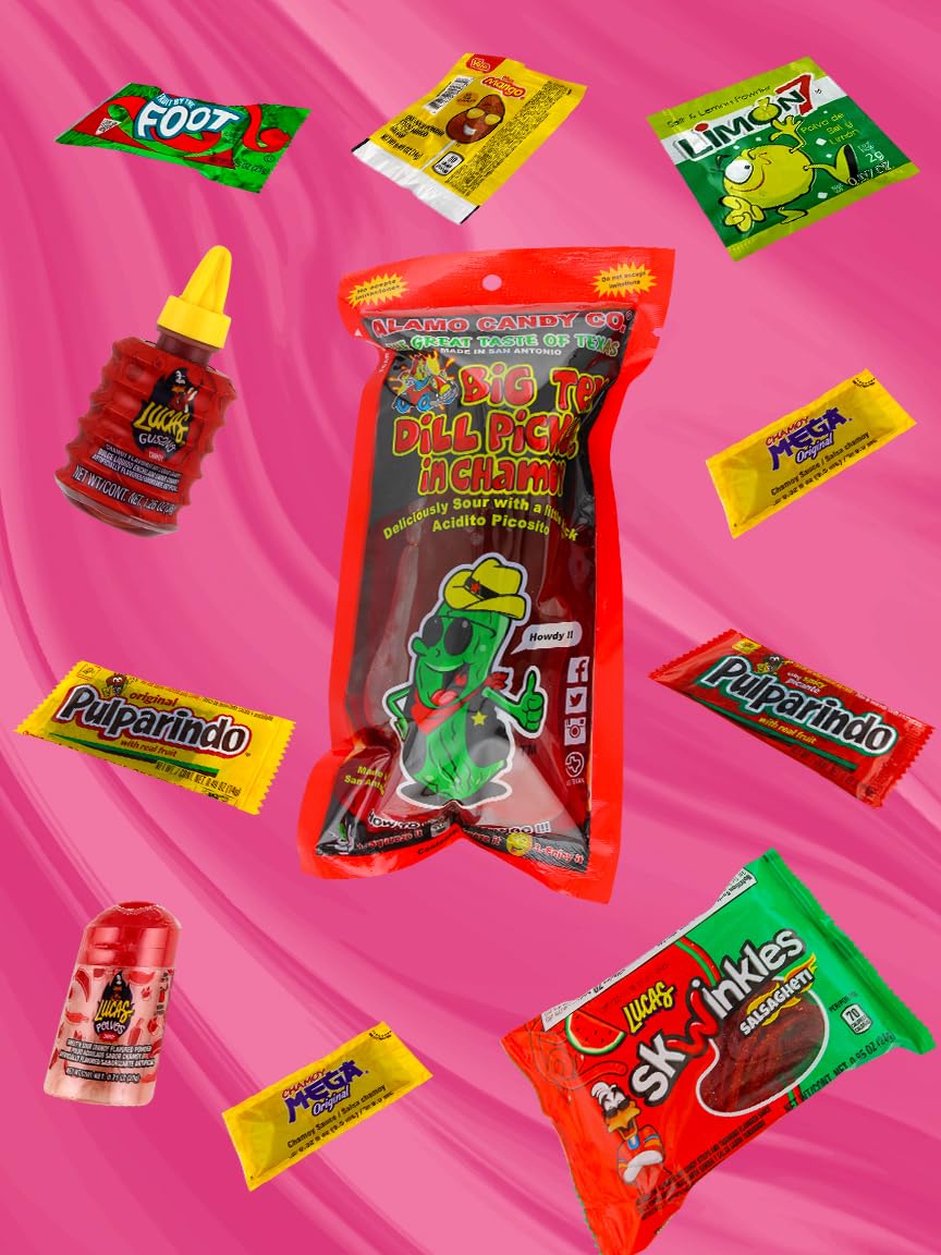 Alamo Chamoy Pickle Kit, Mexican Candy Mix make the Famous TikTok Trend, (13 Pieces) Includes Original Alamo Dill Pickle, Baby Lucas, Lucas Gusano, Skwinkles Salsaghetti, & and Other Mexican Candy by LookOn