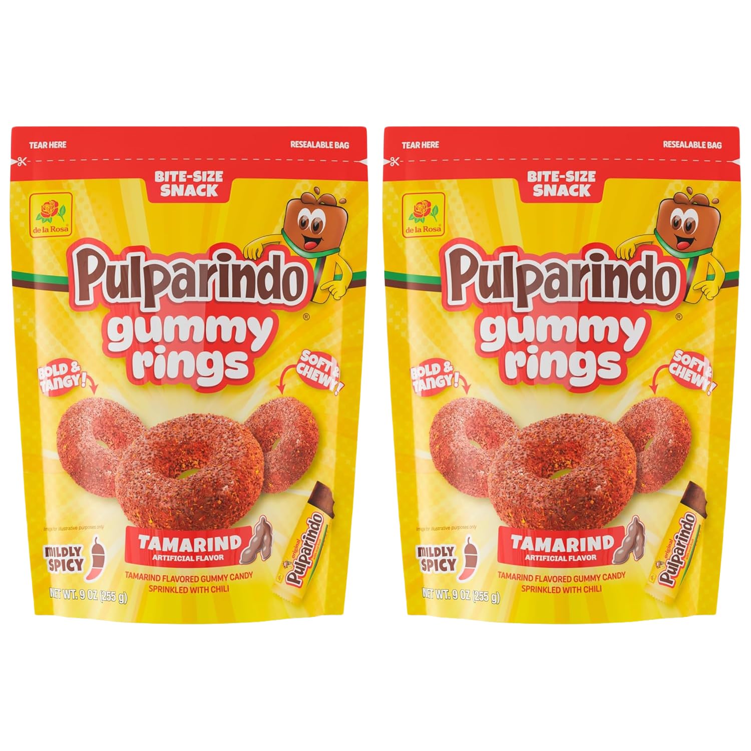 De la Rosa Pulparindo Gummy Rings Candy 9oz Bag (2 Pack) – Mildly Spicy Soft & Chewy Mexican Candy, Bite-Size Snack, Watermelon, Tamarind or Mango (Tamarind)
