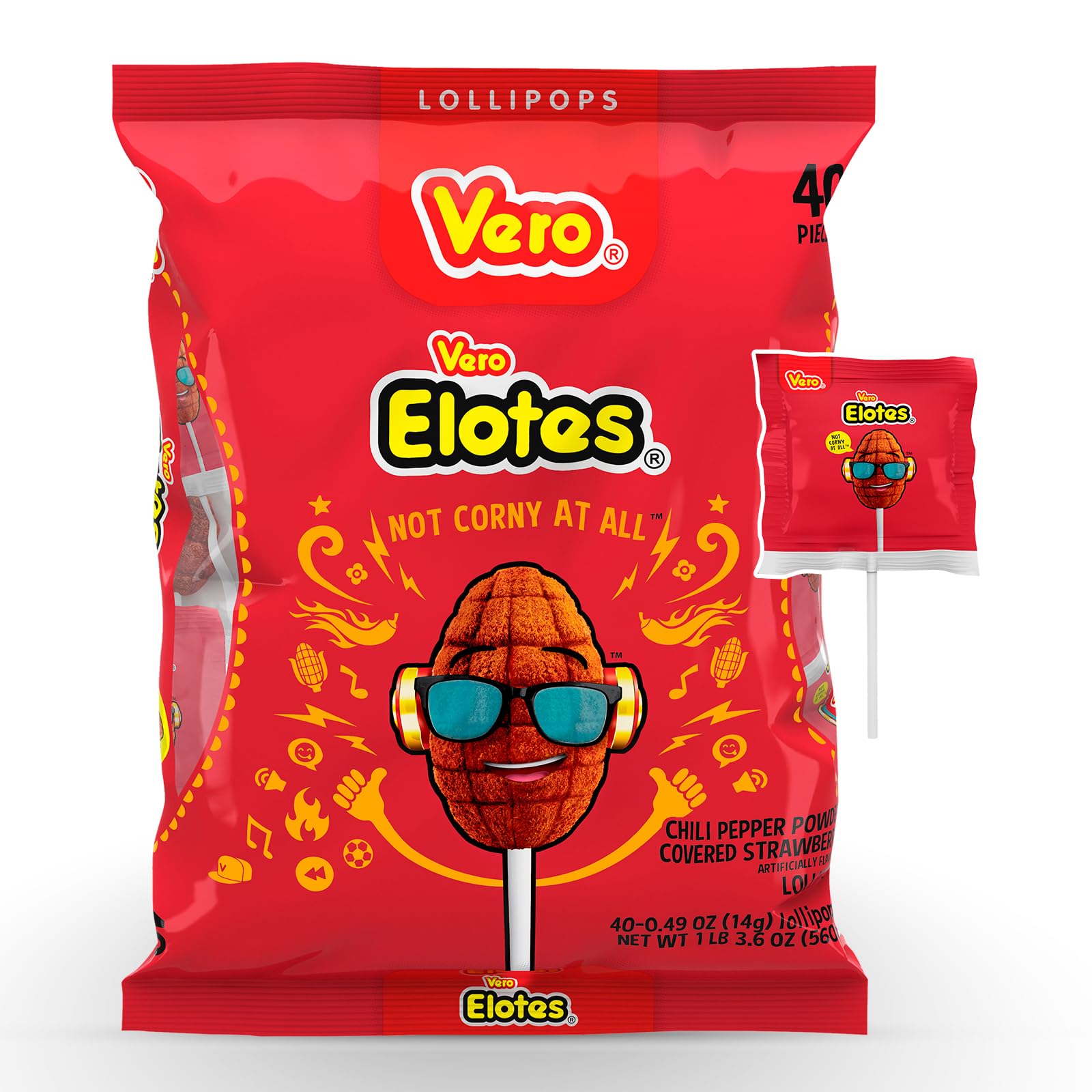 Vero Elotes Strawberry Flavored Lollipops Coated with Chili Powder 40 Count Bag (Net Wt. 22.4 Ounces) - Corn Shaped Mexican Candy - Individually Wrapped Lollipops for Piñatas, Halloween, and More.