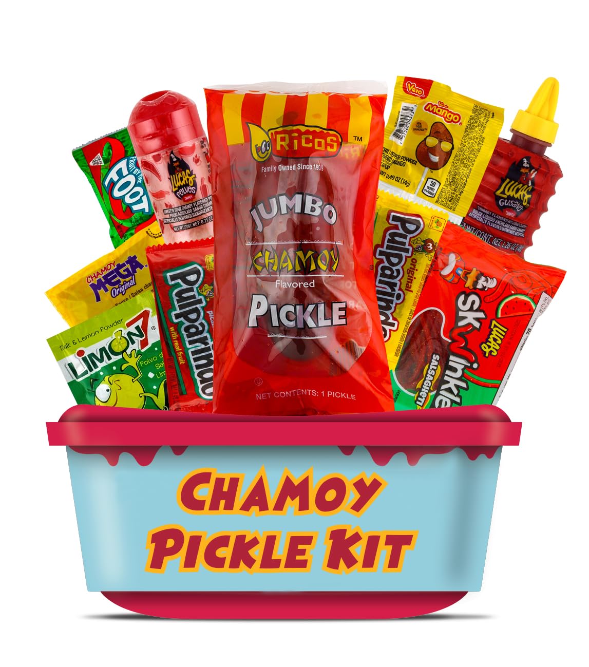 Ricos Jumbo Chamoy Pickle Kit, Mexican Candy Mix Ready to make the Famous TikTok Trend, Includes Ricos Jumbo Dill Pickle in Chamoy Souce, Baby Lucas, Lucas Gusano, Skwinkles Salsaghetti & and More Mexican Candies by LookOn