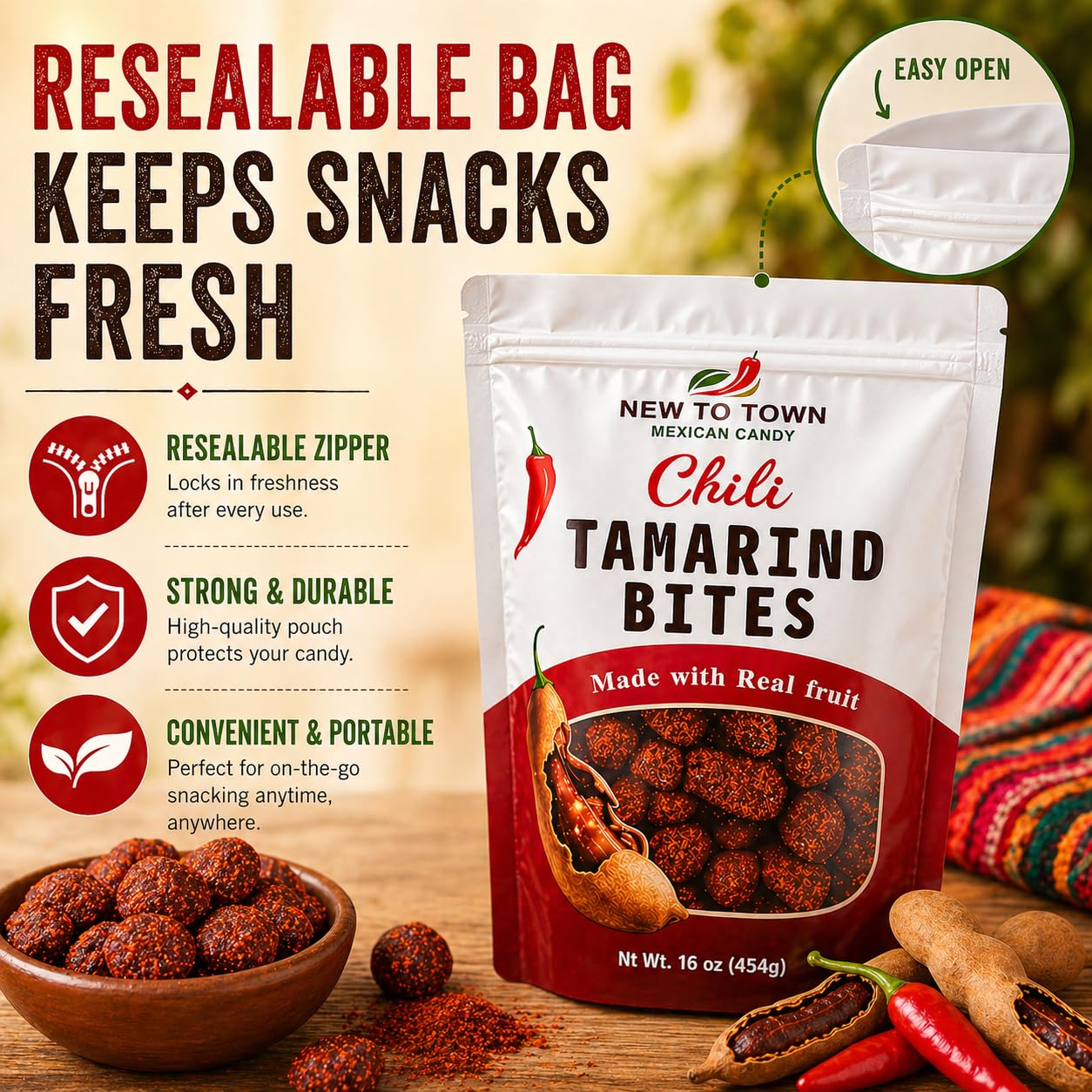 Tamarind Candy 16 oz – Tamarindo De Frutas Con Chile, Sweet, Tangy & Spicy Tamarind Mexican Candy with Chili – Authentic Tamarindo Candy Bites, Chewy Fruit Snack, Contains Seed