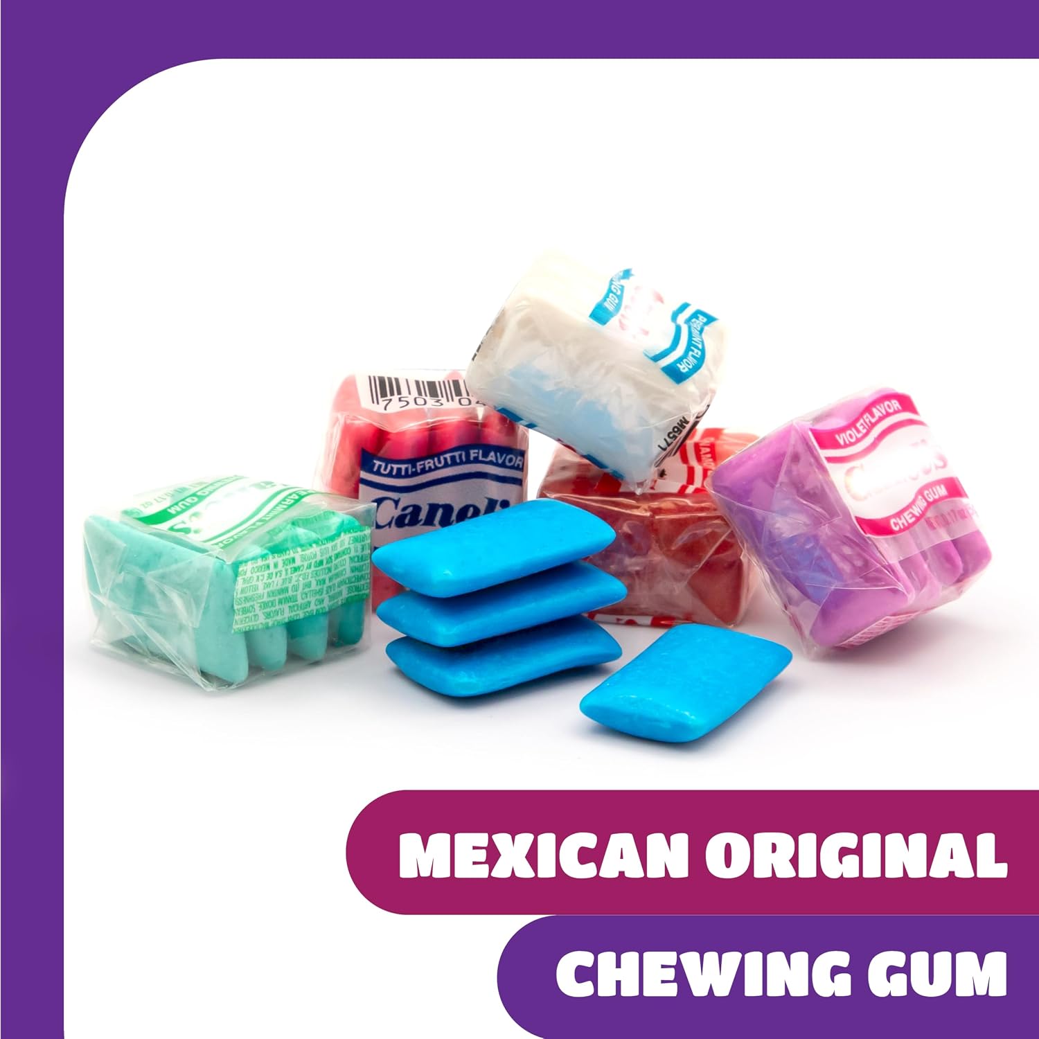 Mexican Original Chewing Gum, Assorted Flavors - 90 Mini Packs, 1 Lb Pack | Spearmint, Tutti-Frutti, Cinnamon, Blueberry, Violet