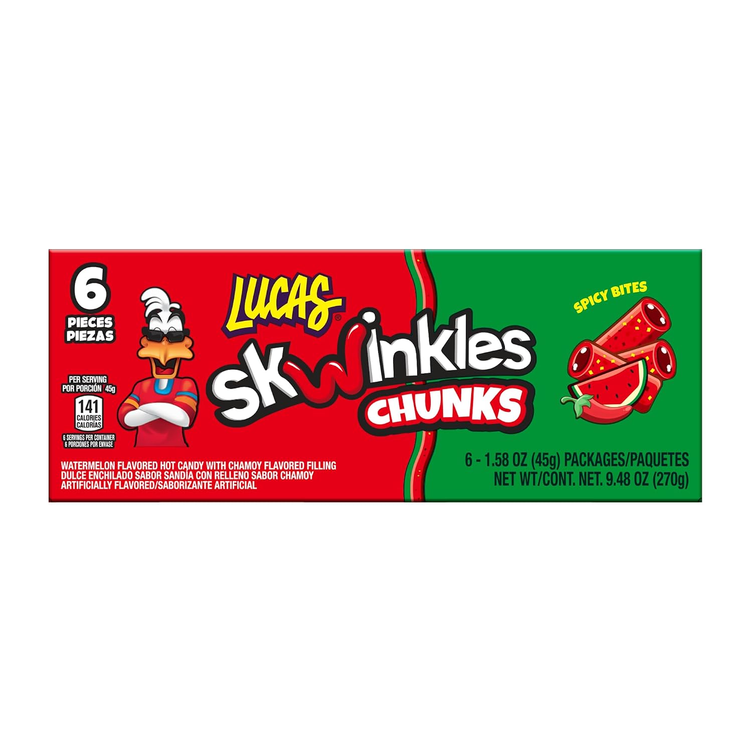 Lucas Skwinkles Candy Chunk Watermelon Flavored with Tamarind Filling 1.60oz, 6 pieces Pack – Watermelon & Tamarind perfect for Summer treats
