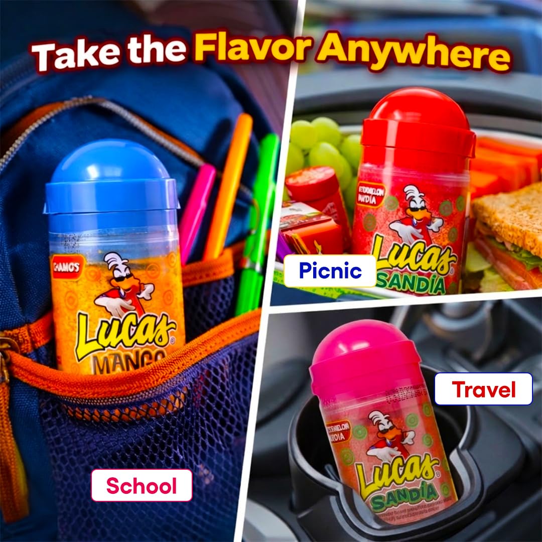 Lucas Chili Candy Powder Assortment – Mango Sandia Watermelon and Chamoy Style – Sweet Tangy Spicy Mexican Snack – Perfect for Gifts and Parties – 12 Pack Small Bottles