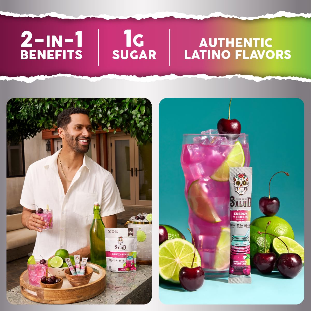 Salud x Jarritos 2-in-1 Energy Drink Powder + Focus, Lime, Organic Caffeine, B6 + B12, Theanine, Clean Energy Drink Packets, Limon Agua Fresca Mix, Non-GMO, Gluten Free, 1g of Sugar, (15 Servings)