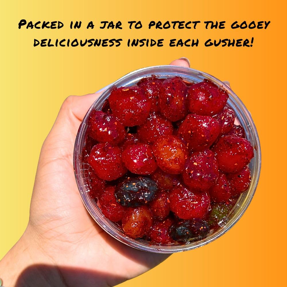Chilitos Sweet, Sour & Spicy Chamoy Candy - Mexican Gummy Candy & Chamoy Gushers for All Ages, Authentic Dulces Mexicanos Enchilados as Seen on TikTok! (8 oz Jar, Gusher Balls Jar)