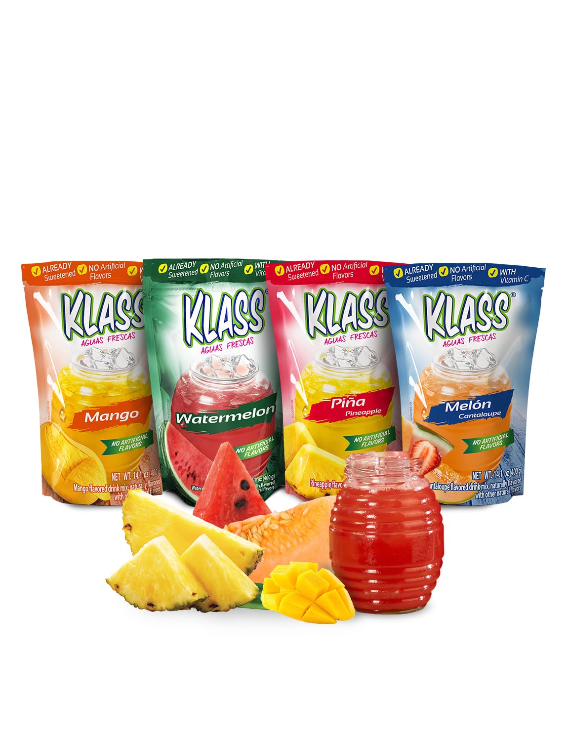 Klass Aguas Frescas Drink Mix Tropical Variety Pack - Strawberry, Grape, Tropical Punch & Orange - Powder Drink Mix, Water Drink Mix with Natural Flavors & Vitamin C, Makes 28 to 36 Quarts (56 to 72 Drinks)