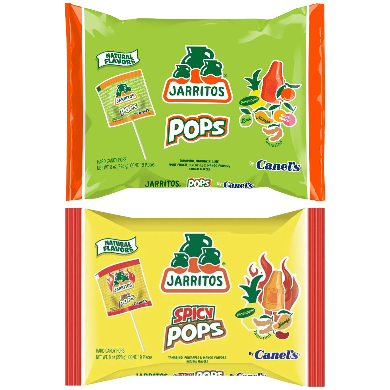 Jarritos Lollipops – 2 Pack – Bottle-Shaped Mexican Hard Candy with Natural Fruit Flavors – 1 Spicy & 1 Original Bags Sweet Candy Treats for Snacking & Gifting
