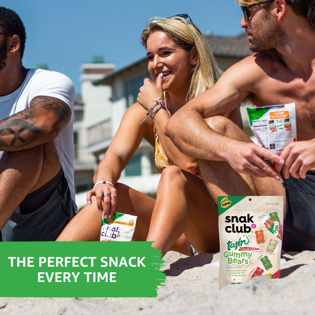 Snak Club Gummy Bears, Tajin Chili & Lime Sweet and Spicy Gummy Candy, Mild in Heat Bold in Flavor, Low-Fat, Vegan, Gluten-Free Snack, 9 oz Large Resealable Bag, 6 Count