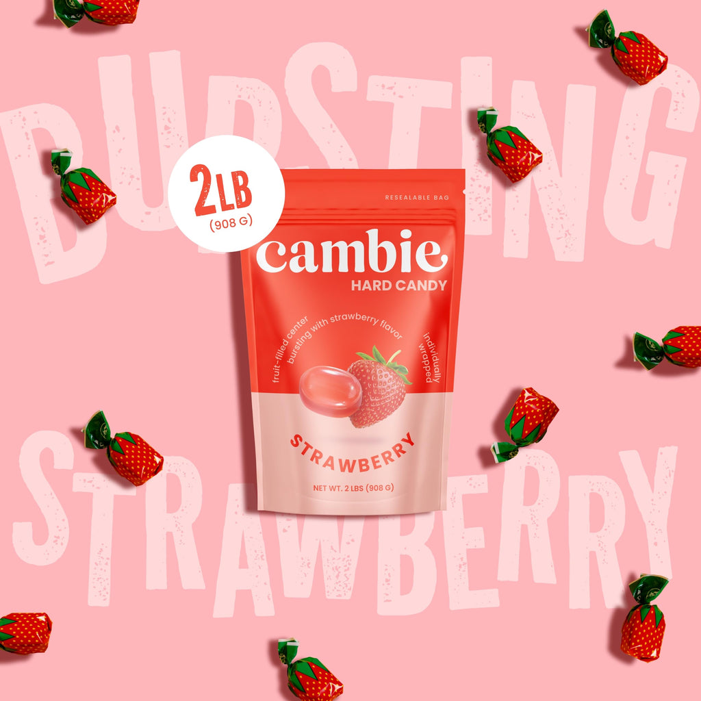 Strawberry Hard Candy Individually Wrapped by Cambie, 2 lbs of Strawberry Candy with a Deliciously Sweet Hard Exterior with a Soft, Fruit-Filled Center