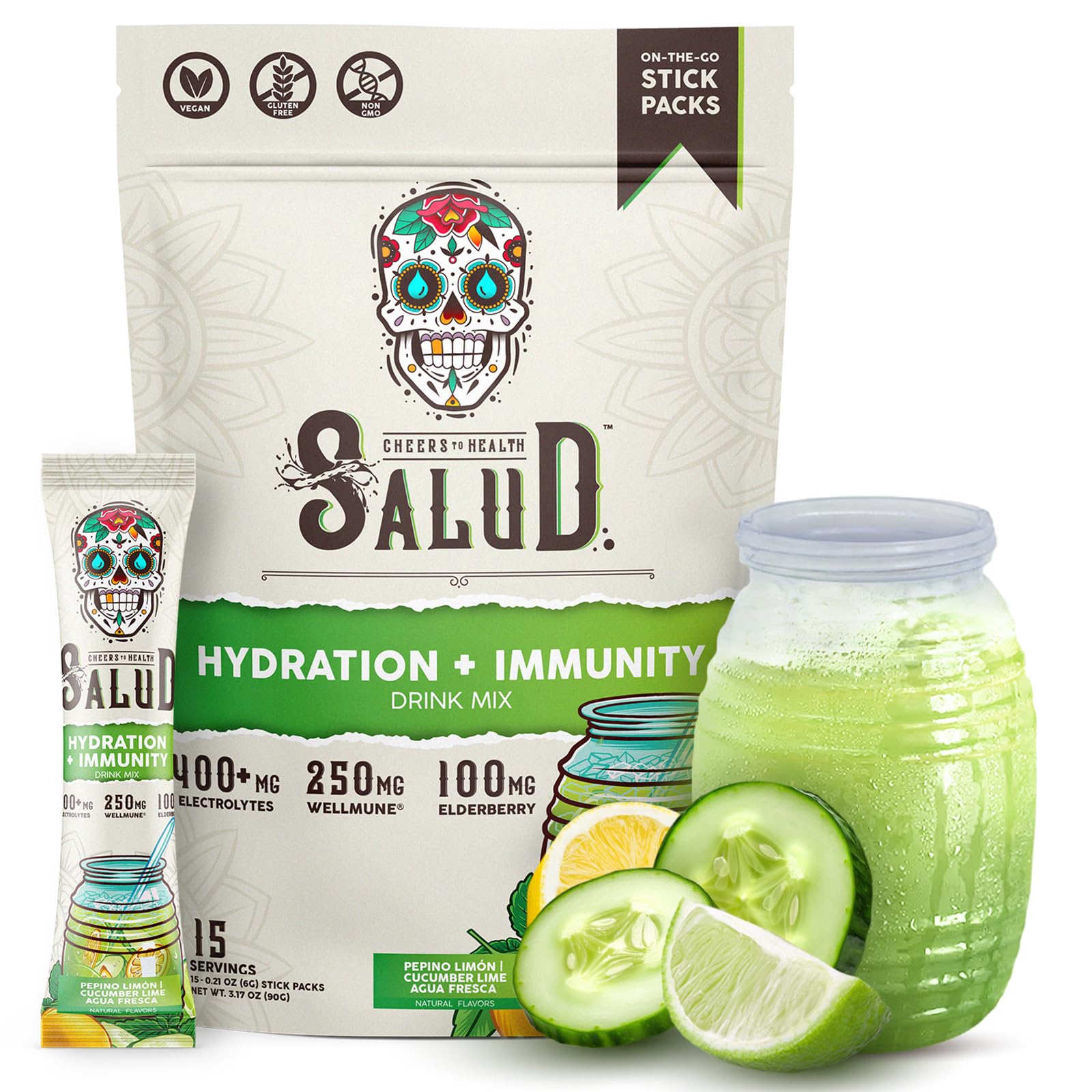 Salud x Jarritos 2-in-1 Hydration Packets + Immunity Electrolytes Powder, Guava - Agua Fresca Drink Mix, Elderberry, Dairy & Soy Free, Non-GMO, Gluten Free, Vegan, 1g Sugar (15 Servings)