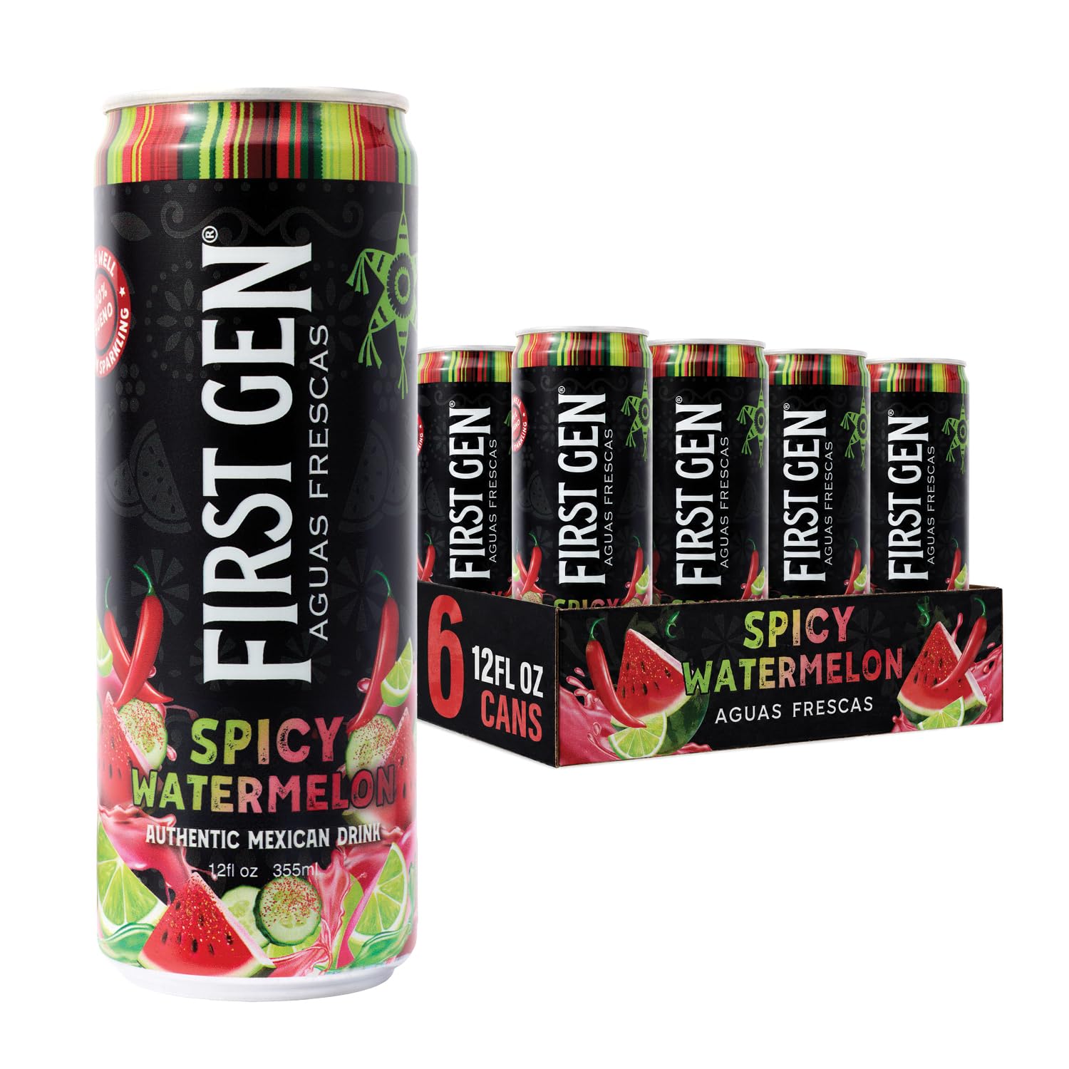 Drink Mexican Spicy Watermelon Drink – Non Carbonated, Non-Alc, Caffeine Free Aguas Frescas with Real Watermelon Juice & Chili Peppers, Sweet Tangy Salty Flavor- First Gen Authentic Mexican Watermelon Fruit Juice Drink - 12 fl oz Cans, 6 Pack