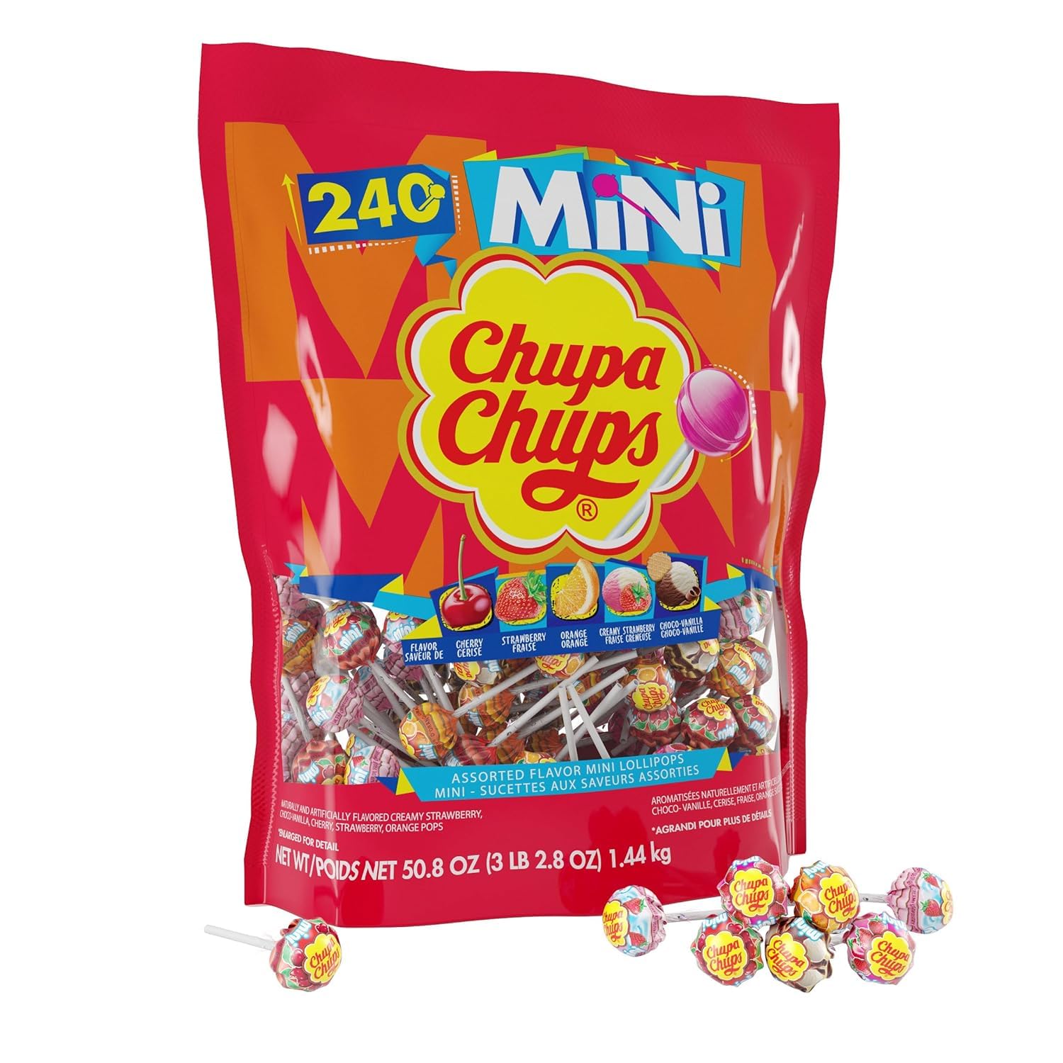 Chupa Chups Mini Lollipop Assortment, Five Flavors, Easter Candy Bulk, Easter Basket Essentials Stuffers for Kids and Adults, Individually Wrapped, 50.8 Ounce Bag (240 Suckers)