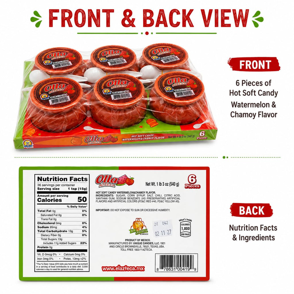 Olla El Azteca Hot Soft Candy Watermelon & Chamoy Flavor, 6 Individual Candy Cups with Spoons, Mexican-Style Sweet Tangy Spicy Candy, 3.1 oz Each, 1 lb 3 oz Total