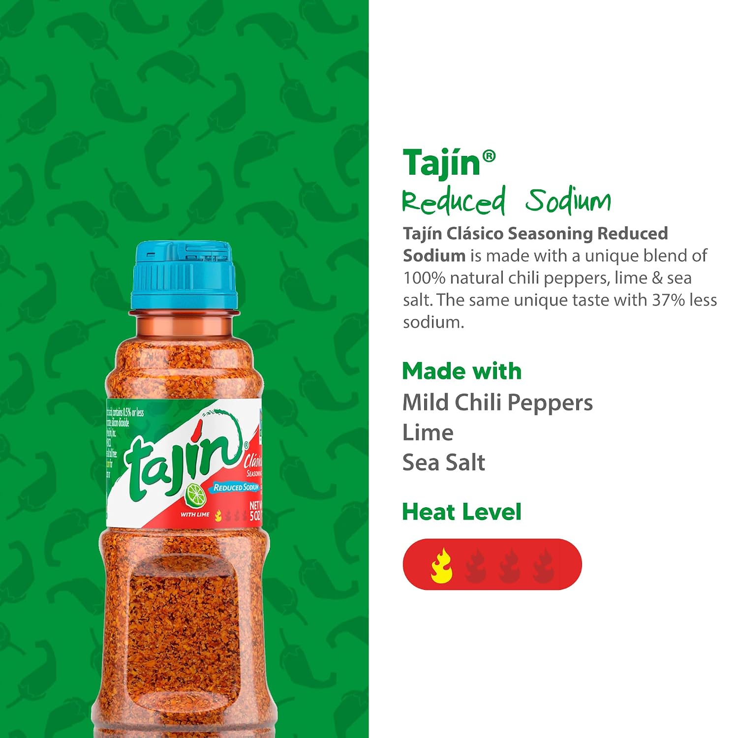 Tajin Clásico Reduced Sodium Seasoning, Authentic Mexican Chile Lime Spice Blend for Fruit, Vegetables, Salad Bowls, Avocado, Cucumber, and Fresh Produce, Zesty Flavor Enhancer, 5 oz, (Pack of 1)