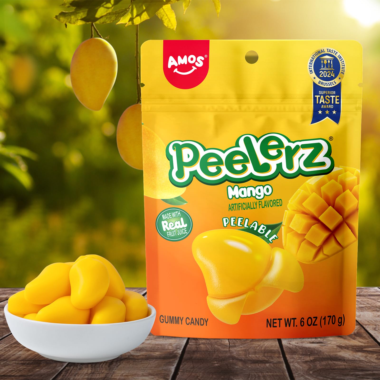AMOS Peelerz Chili Mango Peelable Gummy Candy, Spicy Sweet Mango Flavor, Real Fruit Juice Infused, 8.47 OZ (240g)