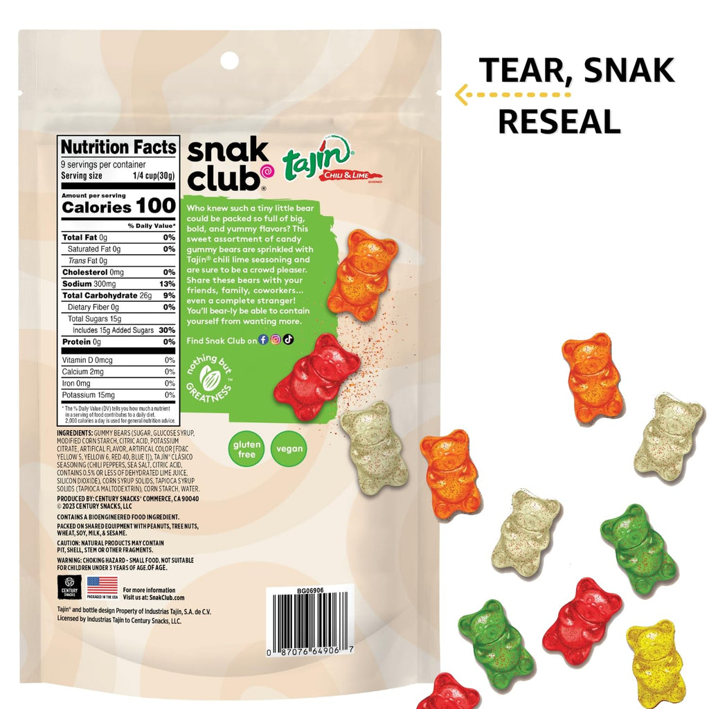 Snak Club Tajin Gummy Bears, Assorted Fruit Candy Gummies with Chili and Lime Seasoning, Mild, Gluten-Free and Vegan Snacks, 9 oz Resealable Bag