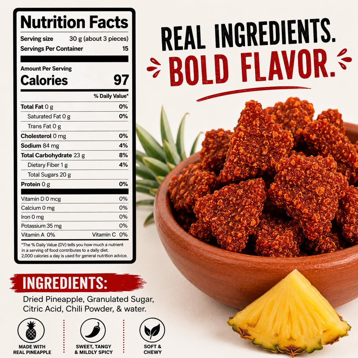 Dried Pineapple Chamoy 1 LB (16 oz) – Sweet, Tangy & Mildly Spicy Pineapple Candy – Mexican Style Chamoy Fruit Snack – Soft & Chewy