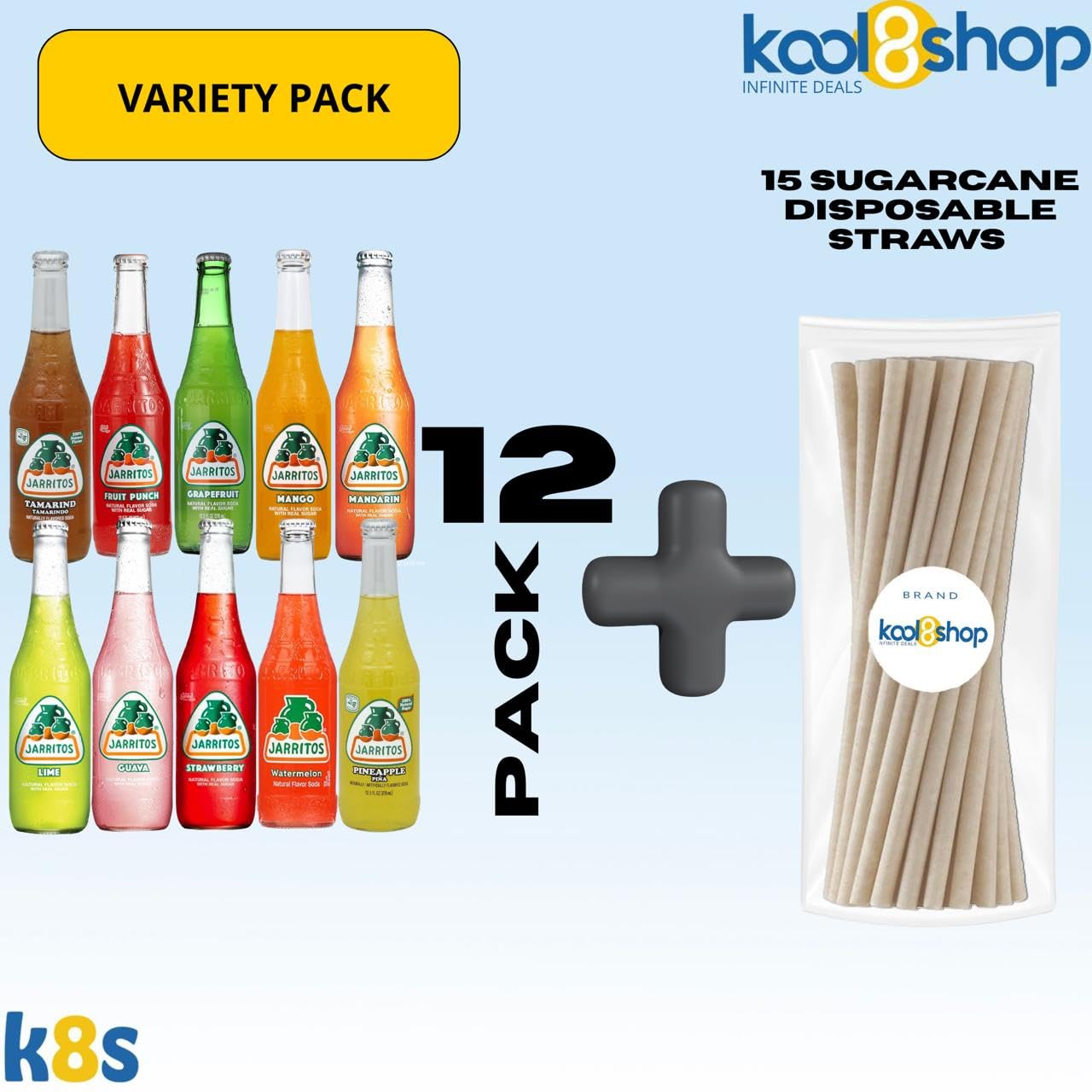 Jarritos Variety Pack Mexican Soft Soda Drink 12 fl oz Glass Bottles 12 Pack + 15 Sugarcane Disposable Straws by KOOL8SHOP Infinite Deals