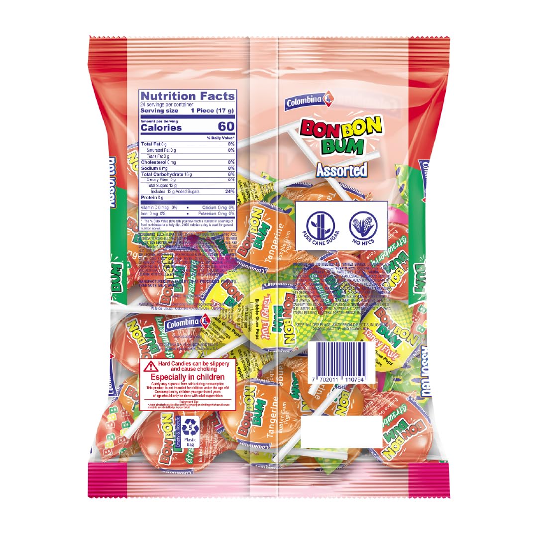 Colombina Bon Bon Bum Passion Fruit Lollipops, Tropical Fruit Hard Candy, Individually Wrapped Candy Pops for Parties, Candy Bowl Refill, Office or Classroom Rewards, 24 Count