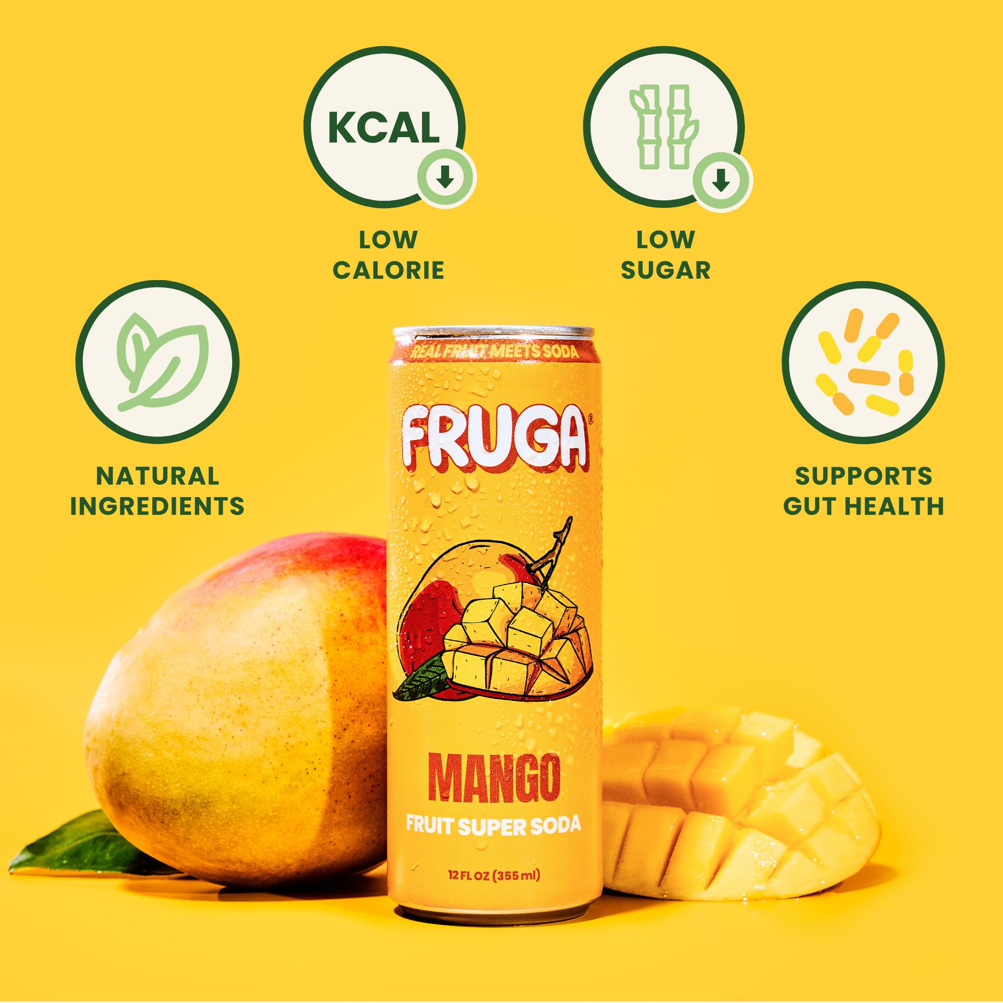 FRUGA Four Real Mix Fruit Soda Pack, Prebiotic Soda Pop Drinks, 12 Pack
