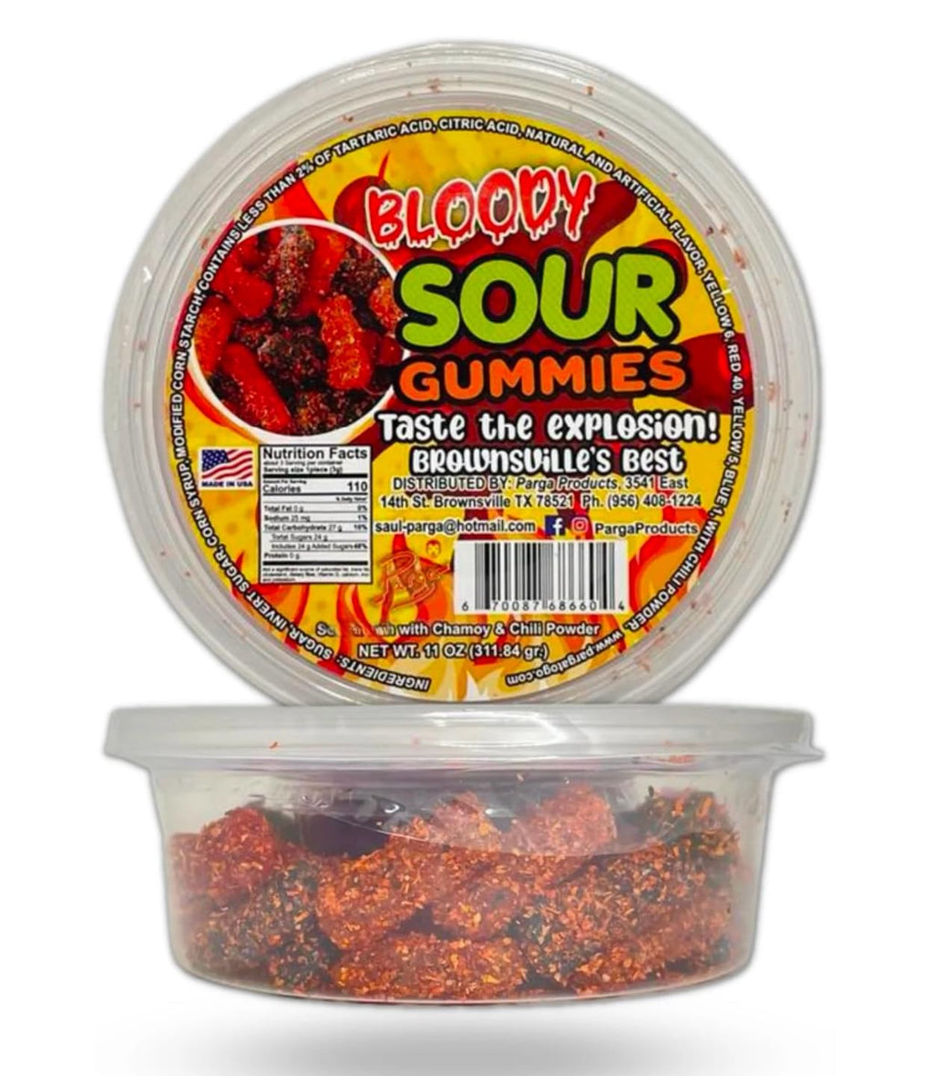 bloody sour kiddos gummys mexican dulces enchilados w/chamoy dip 11oz