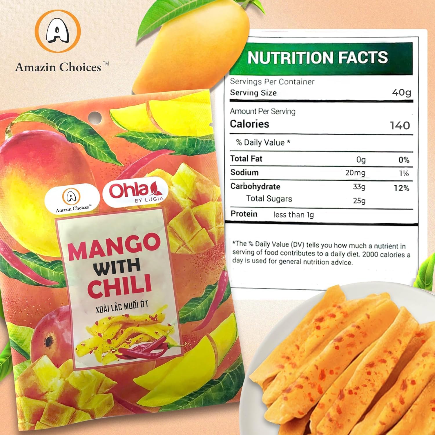 Spicy Dried Mango with Chili By Amazin Choices – Vegan Sweet & Hot Fruit Snacks, Non-GMO Dry Chamoy Mangoes Slices, Candy Bites, Gluten-Free Chili Snack Pack of 3 (1.76 oz x3)