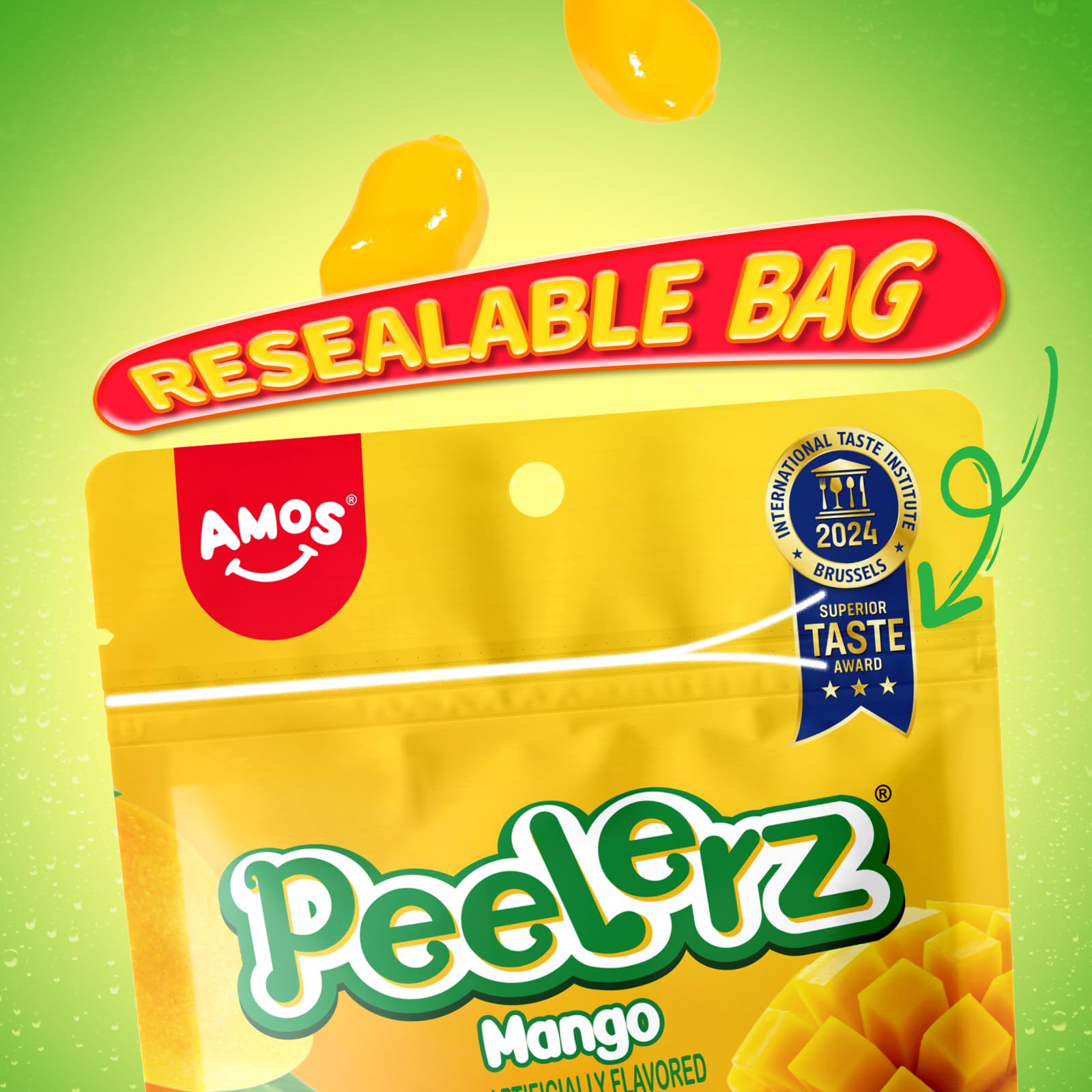 AMOS Peelerz Chili Mango Peelable Gummy Candy, Spicy Sweet Mango Flavor, Real Fruit Juice Infused, 8.47 OZ (240g)