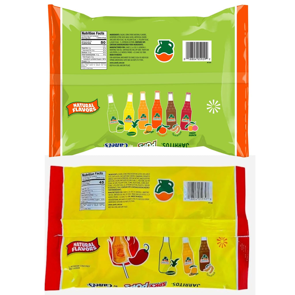 Jarritos Lollipops – 2 Pack – Bottle-Shaped Mexican Hard Candy with Natural Fruit Flavors – 1 Spicy & 1 Original Bags Sweet Candy Treats for Snacking & Gifting