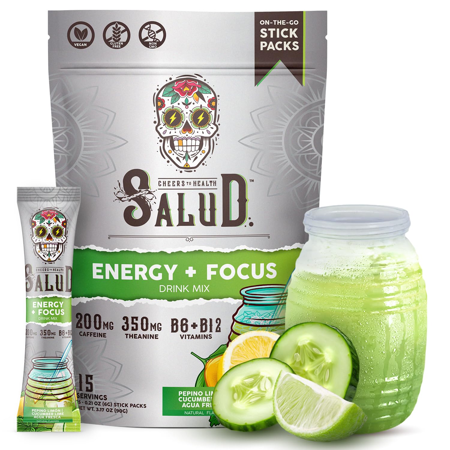Salud x Jarritos 2-in-1 Energy Drink Powder + Focus, Lime, Organic Caffeine, B6 + B12, Theanine, Clean Energy Drink Packets, Limon Agua Fresca Mix, Non-GMO, Gluten Free, 1g of Sugar, (15 Servings)