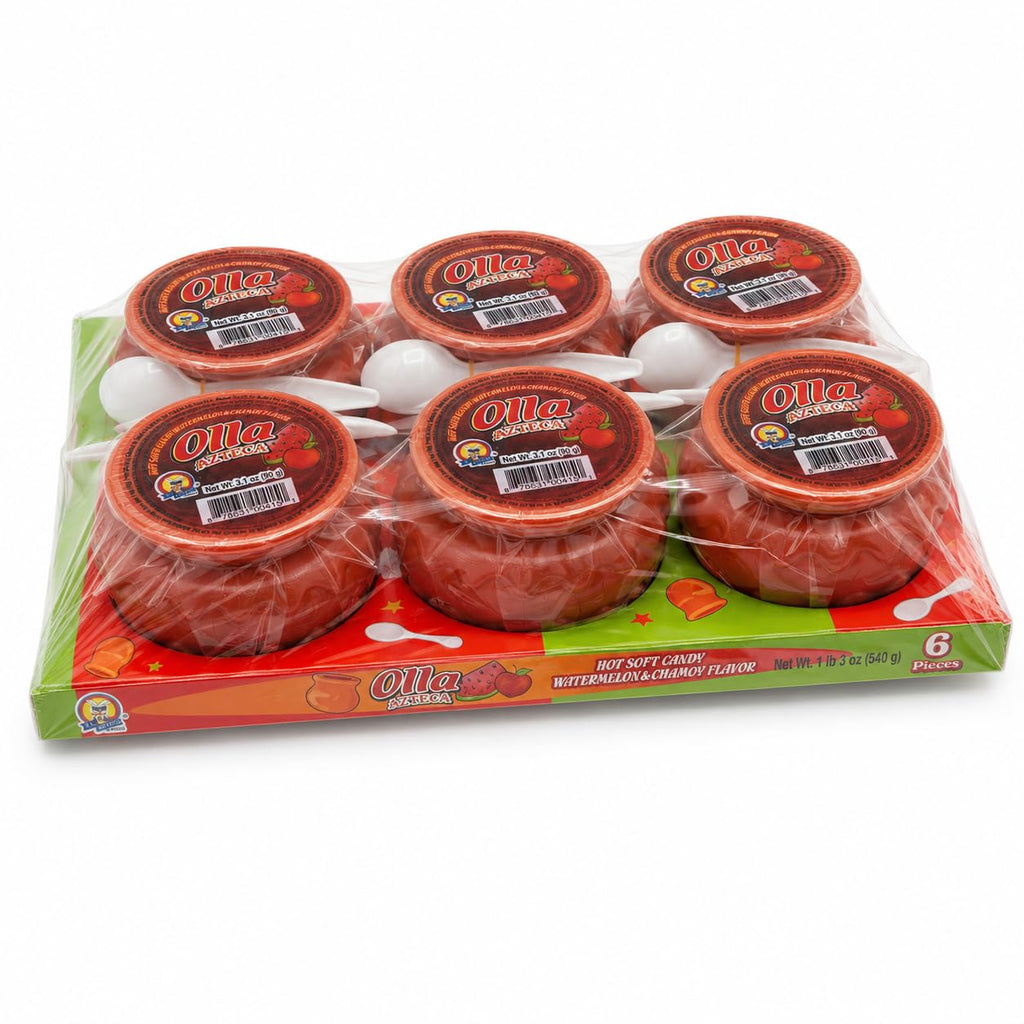 Olla El Azteca Hot Soft Candy Watermelon & Chamoy Flavor, 6 Individual Candy Cups with Spoons, Mexican-Style Sweet Tangy Spicy Candy, 3.1 oz Each, 1 lb 3 oz Total
