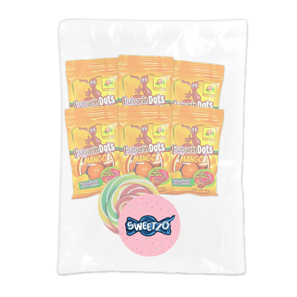 Sweetzo Spicy Mango Pulparindo Mexican Candy Bite Size Hard Shell with Tamarind Pulp Soft Center, Individual Single Serving On the Go Bags, Hispanic Candies Goody Bag Fillers (Pack of 6)