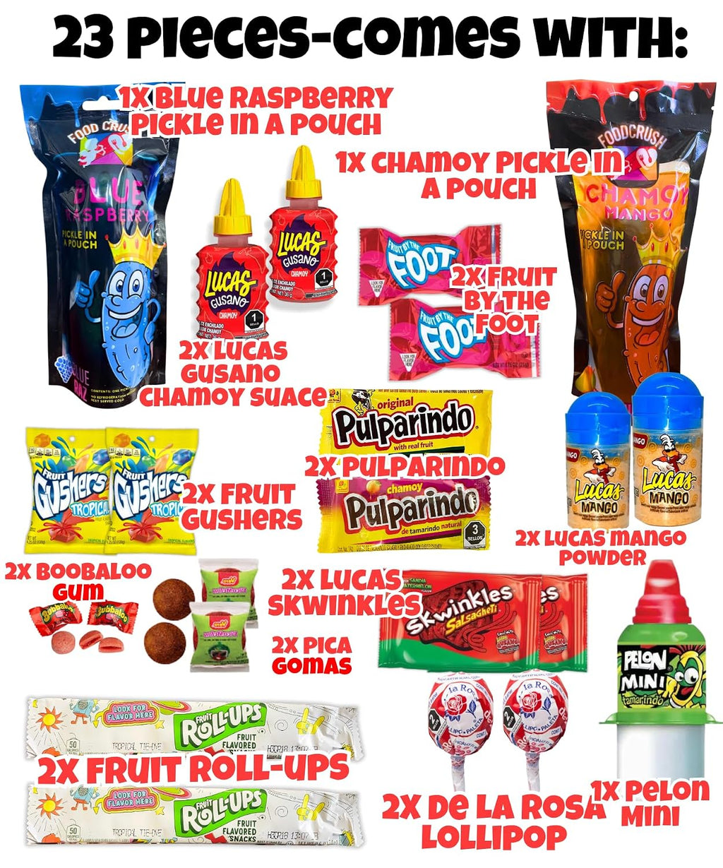 Chamoy Pickle Kit + Blue Raspberry Pickle In A Pouch for 2 People (23 pcs) with Fruit Rollup, Lucas Gusano, Skwinkles, and other Mexican Candy Snacks. TikTok Trend Items by Food Crush