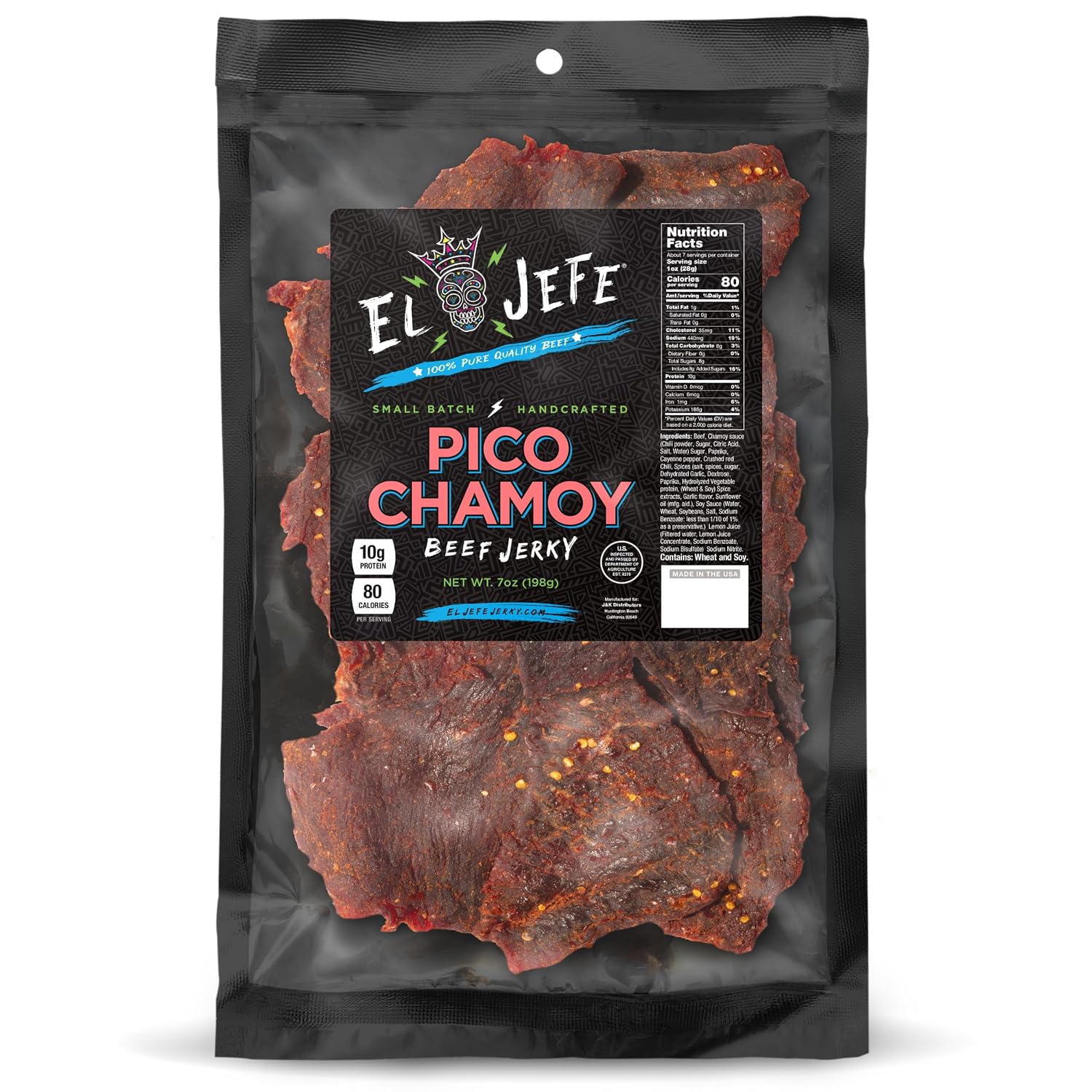 El Jefe Pico Chamoy Beef Jerky - Hand Crafted Small Batch Mexican Style Hispanic Slab Jerky - Bold & Authentic Flavor for Snacking and Entertaining! - 7oz
