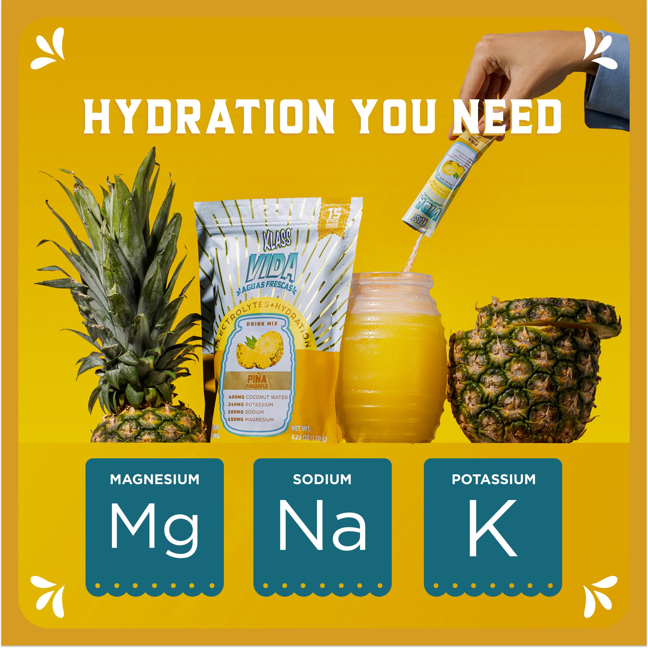 KLASS VIDA Daily Hydration Pineapple Agua Fresca Electrolyte Powder Packets | Sugar Free Electrolyte Drink Mix | Hydration Packets with Coconut Water & Minerals | 15 Stick Packs