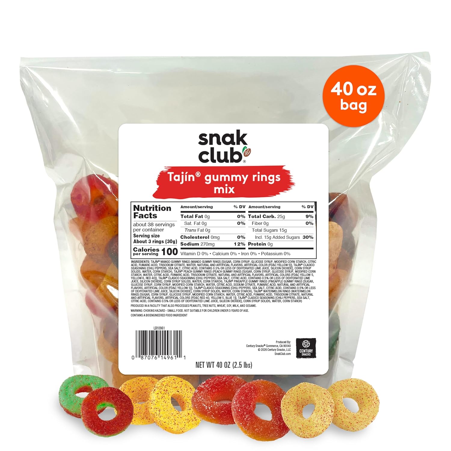 Snak Club Tajin Gummy Candy Fruit Rings, Gummies with Chili and Lime Seasoning, Mild Spice, Gluten-Free and Vegan Snacks, Assorted Bulk Candy Variety, Mango, Pineapple, Peach, Watermelon, 40 oz Bag