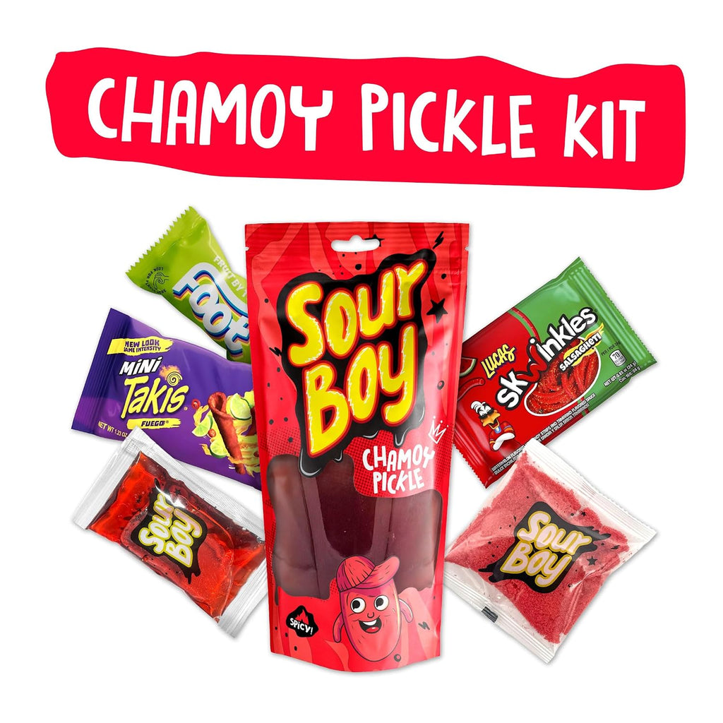 SourBoy Chamoy Pickle Kit Essentials – Jumbo Chamoy Pickle with Spicy & Sour Candy, Chamoy Sour Powder and Liquid – 6-Piece Mexican Candy Snack Box